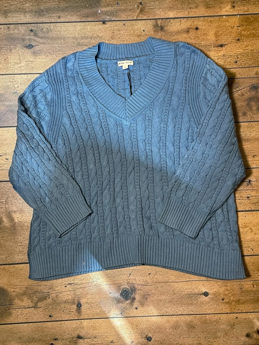 Ava & Viv Cable-Knit V-Neck Sweater - Slate Blue